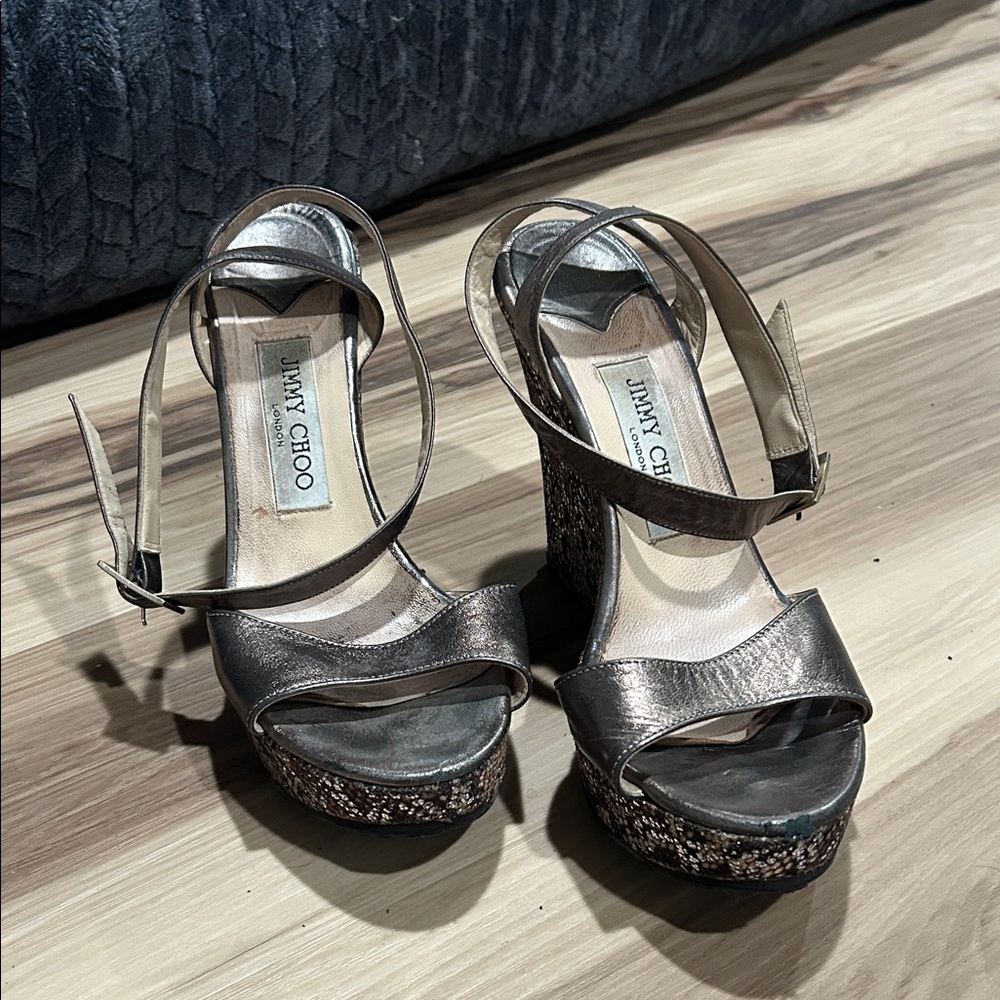 Jimmy Choo Silver and Black Wedge Sandals